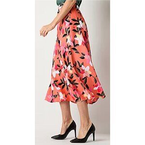 Liz Claiborne Peach Pink Lily Floral Midi A-Line Skirt 8 NWOT